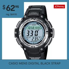 This multitask watch features two built-in sensors to measure direction and temperature—extremely useful when hiking, mountain climbing or other outdoor activities. A water resistance up to 200 meters makes it ideal for underwater adventures. All data is shown on a large, easy-read digital display.Bracelet Dimensions: 9" long; 12mm wideModel No.: SGW100-1VSpecial Features: Compass; thermometer; stopwatch; bearing sensor correction; magnetic declination correctionFeatures: Digital, Water Resista… Outdoor Chronograph Watch With Digital Display, Functional Hiking Watch With Analog Display, Functional Outdoor Watches With Digital Display, Outdoor Watch Accessories With Digital Display, Black Digital Watch With 10atm Water Resistance For Streetwear, Cheap Men's Digital Watch With Quartz Movement, Black Wear-resistant Digital Watch For Outdoor, Watches Digital, Functional Black Shock-resistant Digital Watch