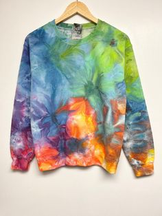 Hand-made Tie-dye sweatshirt, 7.8oz cotton/poly sweatshirt. Only one available.  If not satisfied, please contact me. Tie Dye Sweatshirt, Orange Yellow, Tie Dye T Shirts, Paper Dolls, Hand Dyeing, Blue Green, Tie Dye, Sweat Shirt, Gender Neutral