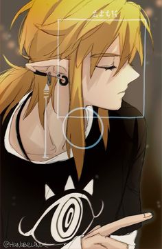 an anime character with blonde hair and black shirt holding a cell phone in his hand