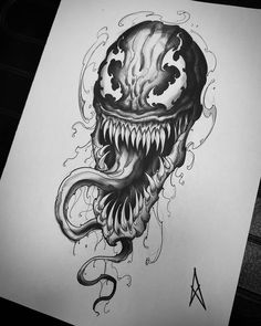 a drawing of an alien head with large teeth