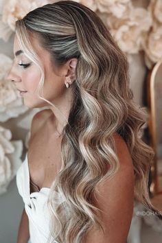 swept-back waves wedding hairstyle Biolage Hair Color, Practical Hairstyles, Bridesmaid Hair Inspo, Down Hairstyles For Long Hair, Bridal Hair Down, Formal Hairstyles For Long Hair, Simple Prom Hair, Bridal Hair Inspiration, Bridesmaid Hair Makeup