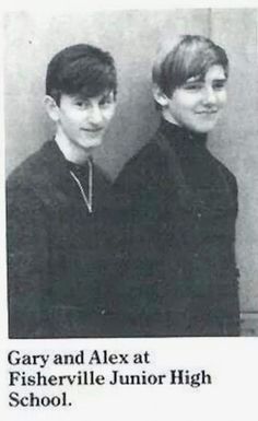 an old photo of two young boys in black and white, with the caption gay and alex at fisherville junior high school