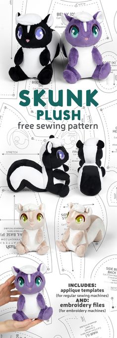 the instructions for how to make an origami skunk plushie with free sewing pattern