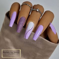 Fancy Lavender Nails, Purple And White Nail Art, Nail Art Lilla, Lavender And Silver Nails, Cute Spring Nails Acrylic Coffin, Nails Lilla, Ombré Nails With Design, Lilla Nails, Fierce Nails