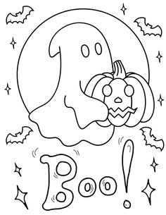 a ghost holding a pumpkin in front of a full moon with the word boo on it