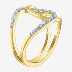 This sleek handcrafted 14k gold over sterling silver diamond ring is modern look on a classic design. A statement on its own or a perfect accent piece. Ring Style: Cocktail RingsFeatures: Quick ShipDiamond Clarity: I3Setting: ProngStone Cut: RoundDiamond Color: I-JMetal Color: YellowRounded Carat Weight: 1/10 Ct. T.w.Care: Wipe CleanStone Type: 34 Natural DiamondAuthenticity: Natural DiamondBirthstone: April BirthstoneMetal: 14k Gold Over SilverCountry of Origin: Imported Modern Diamond Promise Ring Jewelry, Modern Diamond Jewelry For Promise Ring, Modern Jewelry With Diamond Accents And Open Ring Design, Modern Diamond Ring With Open Ring And Diamond Accents, Modern Diamond Ring With Open Design And Accents, Modern Diamond Bypass Open Ring, Modern Open Diamond Ring With Accents, Modern Baguette Diamond Ring, Modern 14k Gold Bypass Ring For Anniversary