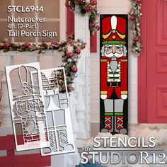 a wooden nutcracker standing in front of a red door with the words stencils studio r13