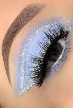 Quinceanera Light Blue Makeup, Makeup Ideas For Quinceanera Blue, Cute Blue Makeup Looks Simple, Cinderella Themed Makeup, Makeup Ideas For Sweet 16, Prom Makeup To Go With Blue Dress, Light Blue Cinderella Prom Dress, Dusty Blue Wedding Makeup, Blue Makeup Quinceanera