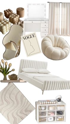 a collage of white furniture and accessories