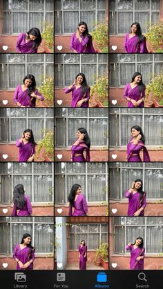 a woman in a purple dress posing for pictures