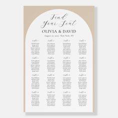 a seating chart for an event with the names and numbers in white on beige background