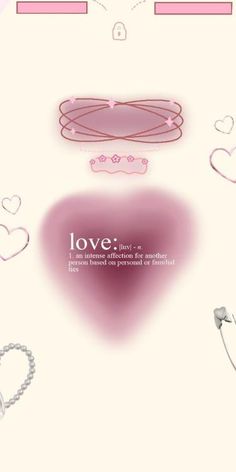 a pink background with hearts and other things on it, including the word love written in white