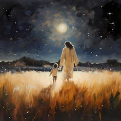 a painting of a woman and child walking through a field at night