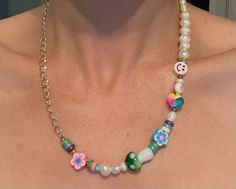 Excited to share this item from my #etsy shop: Handmade Necklace #handmade #flower #pearls #cute #y2k #funky Funky Necklace, Rainbow Pearl, Fruit Jewelry, Glass Mushrooms, Handmade Jewelry Tutorials, Smiley Faces, Chunky Beads, Handmade Flower, Polymer Clay Beads