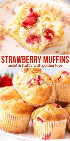 strawberry muffins on a plate with strawberries in the background and text overlay