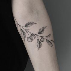 a woman's arm with an olive branch and leaves tattoo on the left forearm