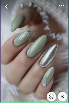 Simple Sage Green Nails, Green And Silver Nails Acrylic, Silver Green Nails, Green Nails With Silver, Green And Silver Nail Designs, Green Silver Nails, Sage Green Nail Polish, Green And Silver Nails