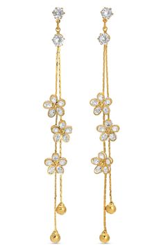 Dainty cubic zirconia flowers twinkle from sleek double-chain linear earrings suspending gleaming ball drops. 3" drop Post back Goldtone plate/cubic zirconia Imported Dangley Earrings, Linear Earrings, Moisturizing Toner, Ball Drop, Clutch Pouch, Double Chain, Earrings In Gold, Shoe Gifts, Gold Earrings Dangle