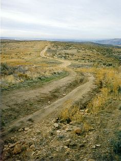 a dirt road in the middle of a dry grass and brush area with rocks on both sides