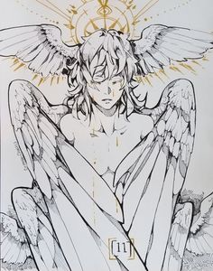 a drawing of an angel with wings on it's chest and hands behind his back