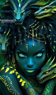 a woman with blue eyes and green skin is surrounded by two dragon like creatures in her hair