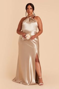 Monica Plus Size Long Satin Bridesmaid Dress in Neutral Champagne | Birdy Grey Taupe Bridesmaid, Monica Dress, Taupe Bridesmaid Dresses, Neutral Bridesmaid Dresses, Satin Gowns, Satin Bridesmaid Dress, Champagne Bridesmaid, Champagne Bridesmaid Dresses, Birdy Grey