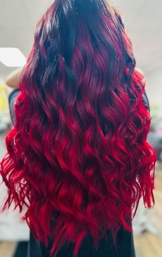 Black And Bright Red Hair, Spooky Hair Color Short Hair, Red Hair Styles Hairstyles, Red Color Melt Hair, Black And Red Hair Ideas, Vivid Red Hair Color, Dark Red Ombre Hair, Blood Red Hair Color, Goth Hair Color Ideas