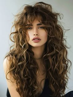 Curl Shag Hairstyles, Shaggy Long Curly Hair, Curly Shag With Curtain Bangs, Bangs For Curly Hair Natural Curls, Long Hair Natural Curls, Long Curly Shag With Bangs, Curly Voluminous Hair, Shaggy Curly Hair Long, Long Curly Brunette Hair