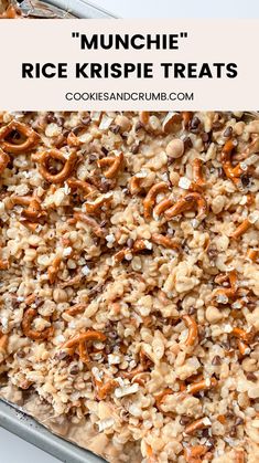 a close up of rice krispie treats in a pan with the words munchie's rice krispies treats