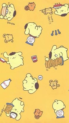 a yellow background with various cartoon bears and other things on it's surface, all in different colors