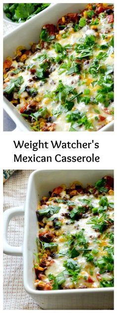 mexican casserole is shown in two different dishes, one with vegetables and the other without