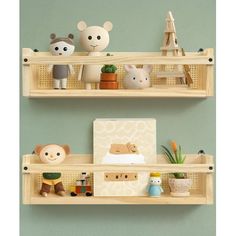 two wooden shelves with stuffed animals on them