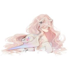 a pastel drawing of a pink pony with long hair sitting on the ground next to a white background