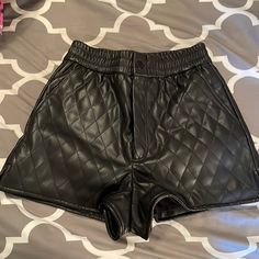 New W/O Tags; Never Worn. Excellent Condition. Elastic Waist, 2 Slant Side Pockets, 1 Back Pocket, Zipped Front With Button Closure Casual Shorts With Zipper Closure For Night Out, Chic Black Shorts With Zipper Closure, Black Shorts With Zipper Closure For Night Out, Faux Leather High-waisted Shorts For Going Out, Trendy Zara Shorts For Party, Chic Zara Shorts For Night Out, Trendy Party Shorts By Zara, Faux Leather Bottoms For Going Out, Short Length, Quilted Shorts