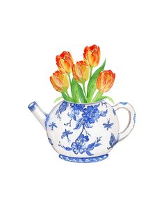 a watercolor painting of orange tulips in a blue and white teapot