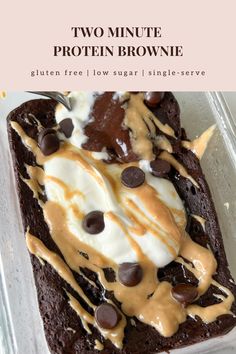 This healthy two minute protein brownie is gluten free, refined sugar free, low carb, low sugar, and high protein. On a small white plate is a single-serve protein brownie in the shape of a rectangle. The outside is a rich dark chocolate color looking soft, gooey in the center, pillowy, and fudgy. Some powdered monkfruit is white sprinkled on top. A fork has a bite on it showing the inside texture of soft, chewy, and airy. Bariatric Low Carb High Protein, Low Carb High Protein Recipes Desserts, Body Fortress Whey Protein Recipes, Gluten Free Protein Brownies, No Protein Powder Recipes, High Protein Quick Dessert, Healthy Sweet Protein Snacks, High Protein Pudding Dessert, Mint Chocolate Protein Powder Recipes