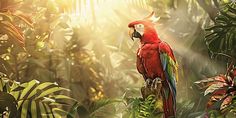 a red parrot perched on top of a tree branch in the jungle with sunbeams behind it