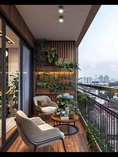 a balcony with chairs, tables and plants on the wall next to glass doors that lead out onto a cityscape