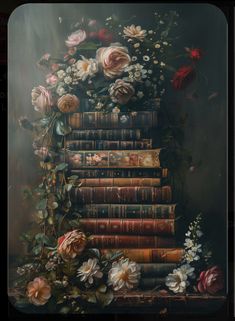 a painting of flowers and books on a table