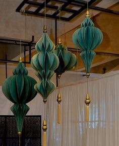 three green paper lanterns hanging from the ceiling