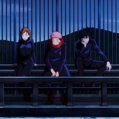 three anime characters sitting on a bench in front of a fence with mountains behind them