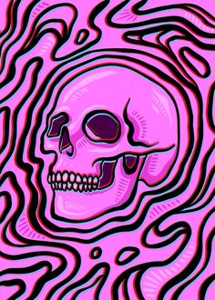 a pink and black skull with swirls in the background