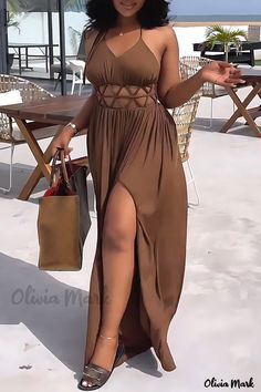 Color: Brown, Size: XL High Split Dress, Side Split Dress, Elegante Y Chic, Spaghetti Strap Maxi Dress, Dress Sleeve Styles, Split Maxi Dress, Split Dress, Bodycon Dress Parties, Strappy Dresses