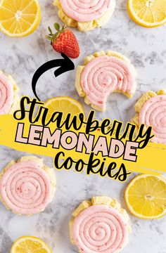 strawberry lemonade cookies on a marble surface with the words strawberry lemonade cookies above them