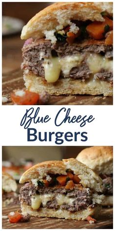 blue cheese burgers cut in half and stacked on top of each other with text overlay