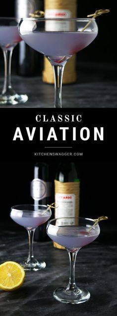 two glasses filled with different types of drinks and the words classic aviation written on them