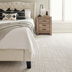 guest bedroom with nightstand and textured carpet Bedroom With Black Accents, Kids Bedroom Carpet, Lake House Interior, Shaw Flooring, Shaw Carpet, White Carpet, Flooring Store, Luxury Vinyl Plank Flooring