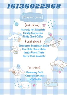 the menu for an ice cream cafe with cartoon characters on it and blue gingham background