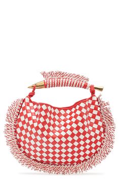 Named for the sculptural sardine-shaped handle, this compact bag is crafted in the label's intrecciato motif from bicolor leather and framed with ropey fringe. Open top Top carry handle Unlined Leather/textile Made in Italy Designer Handbags Sardine Bag, Textile Bag, Compact Bag, Structured Bag, Best Handbags, Basket Bag, Plaid Fashion, Top Top, Open Top