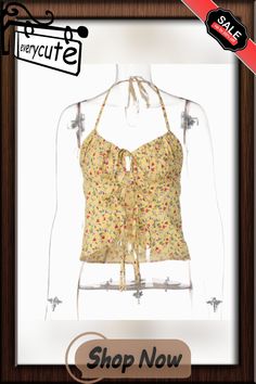 Y2k Floral Crop Tops Summer Front Tie Halter Camisole Women Tshirt Kawaii Korean Fashion Cami Aesthetic Clothes Y2k Sleeveless Printed Tops, Fitted Y2k Tops For Summer, Y2k Cotton Crop Top For Summer, Cotton Y2k Crop Top For Summer, Y2k Sleeveless Crop Top For Vacation, Summer Y2k Cotton Crop Top, Y2k Style Cotton Crop Top For Summer, Yellow Y2k Crop Top For Spring, 90s Style Tank Crop Top For Summer